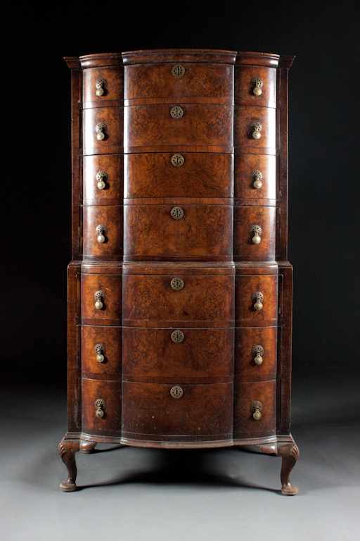 Appraisal: William and Mary style burl walnut shaped-front chest-on-chest early th