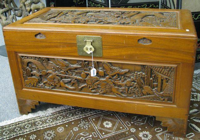 Appraisal: Vintage Oriental carved chest long deep high relief carved on