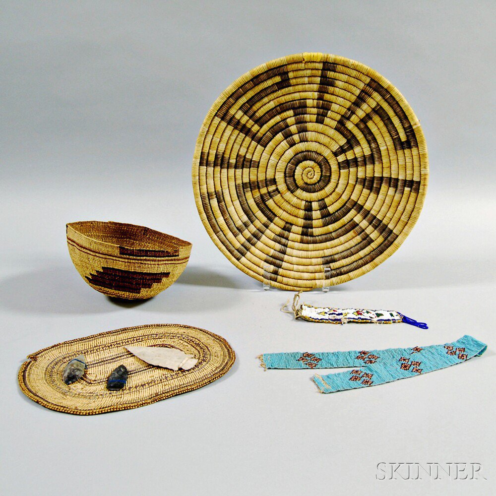 Appraisal: Three Woven Items and Two Beaded Items a coiled basket