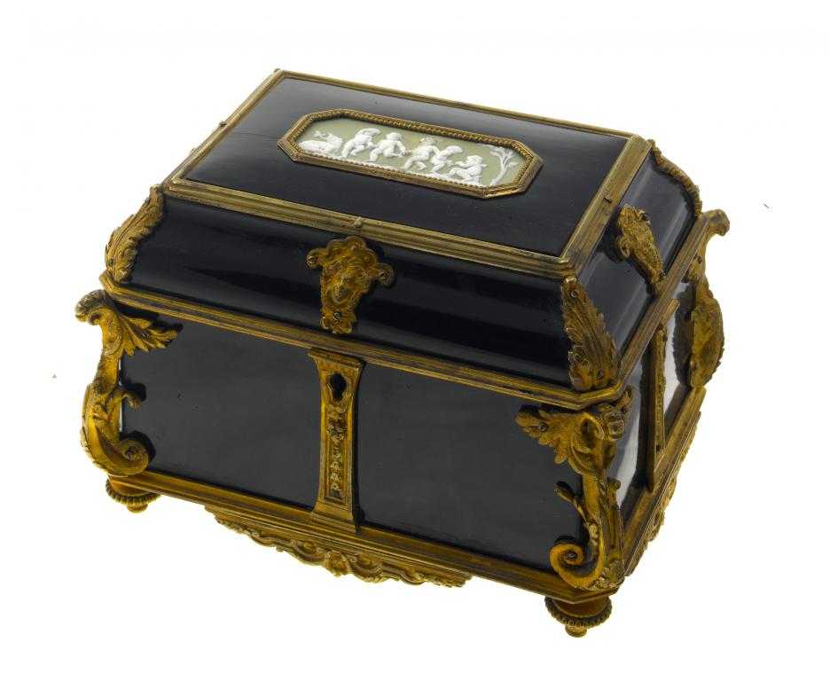 Appraisal: A PALAIS ROYAL GILTMETAL-MOUNTED AND EBONY-VENEERED JEWEL CASKET the moulded