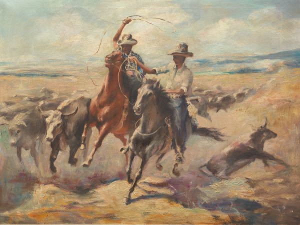 Appraisal: AMERICAN SCHOOL TH CENTURY x image Cowboys Cattle Wrangling Oil