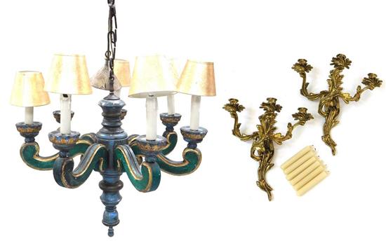 Appraisal: Three Continental style lighting fixtures first a painted wooden seven-light