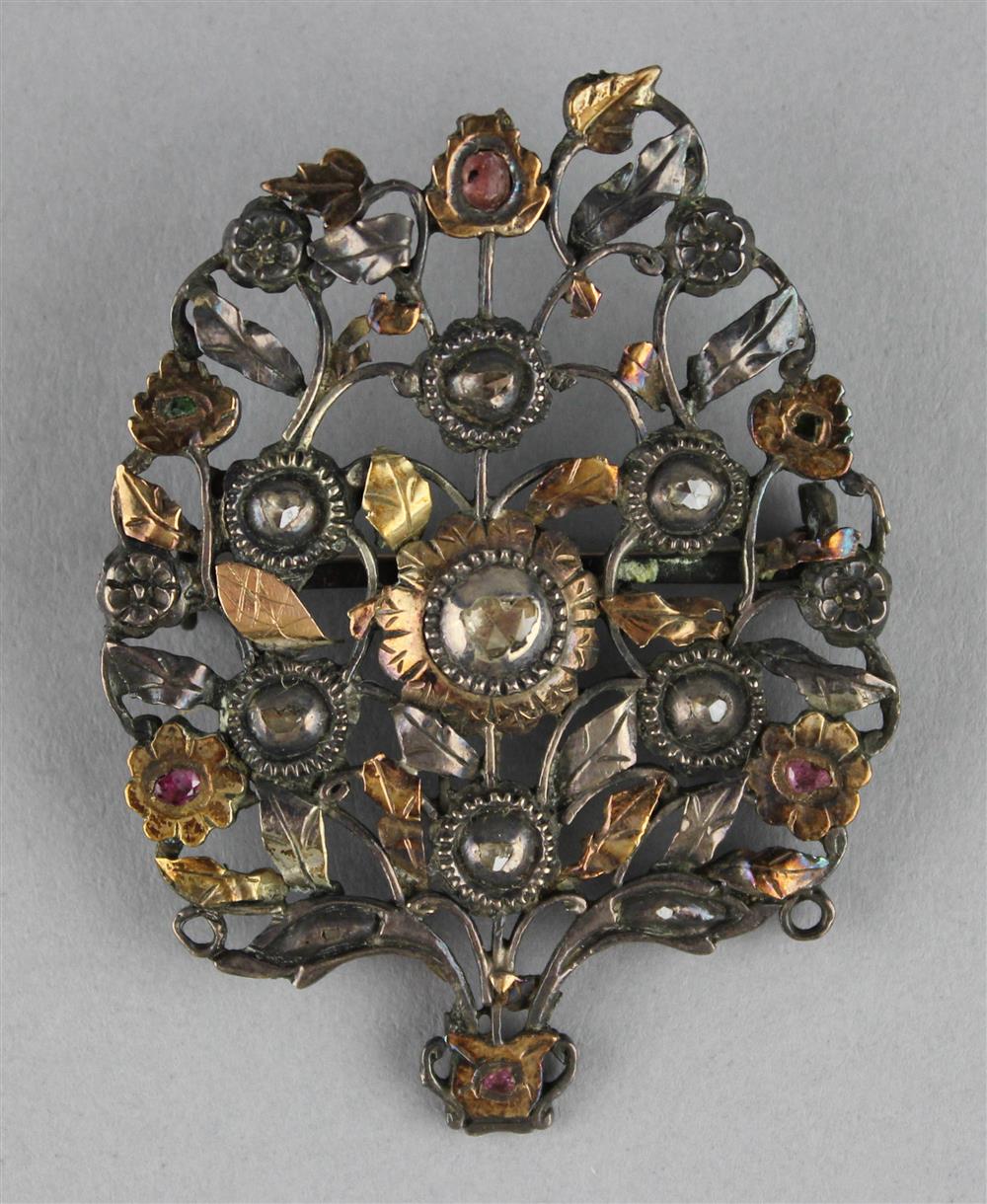 Appraisal: MIDDLE EASTERN SILVER AND GOLD INLAID BROOCH shaped as a