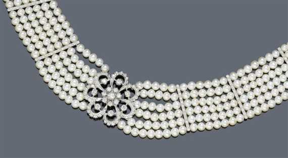 Appraisal: PEARL AND DIAMOND NECKLACE White gold Elegant fine six-row collier