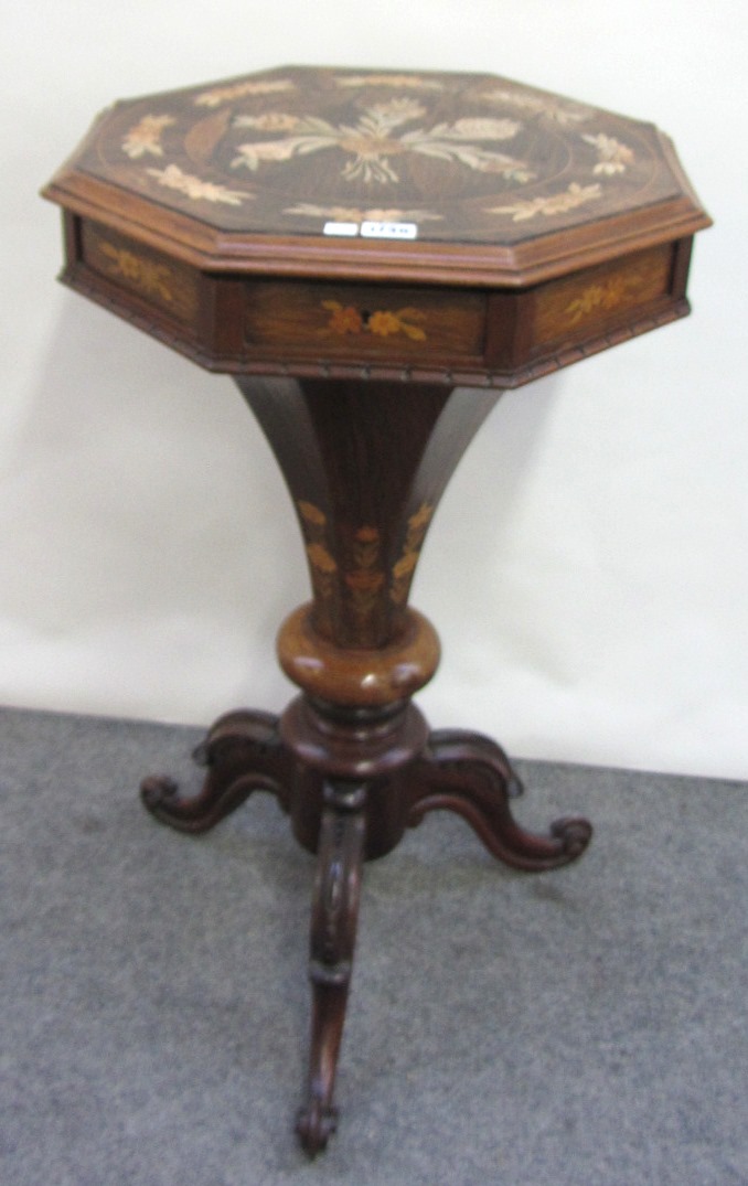 Appraisal: A Victorian marquetry inlaid rosewood trumpet shaped work table on