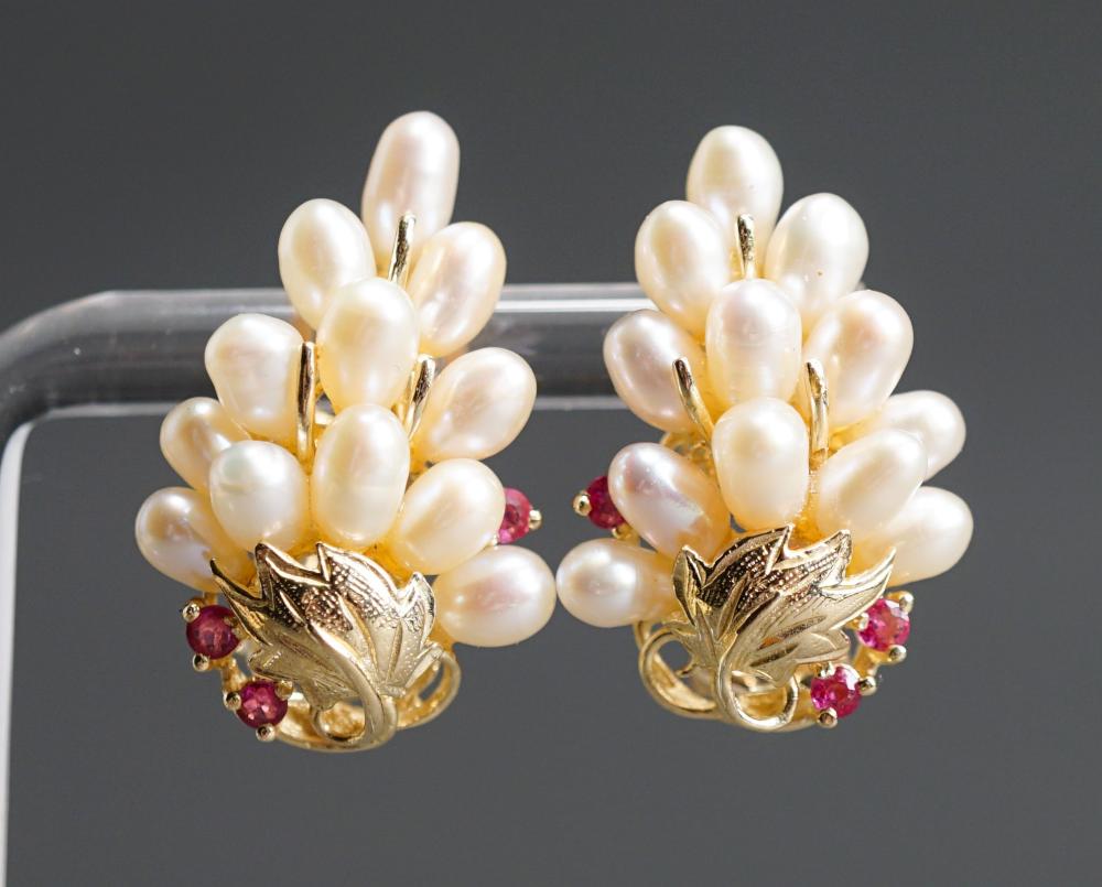 Appraisal: Pair of -Karat Yellow-Gold Ruby and Freshwater Pearl 'Grape Cluster'