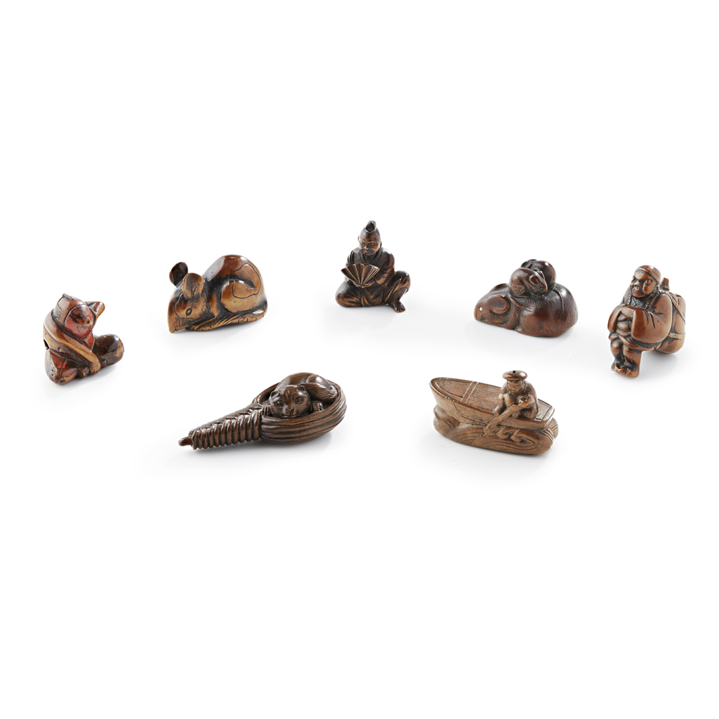 Appraisal: GROUP OF SEVEN CARVED WOOD NETSUKE MEIJI PERIOD comprising a