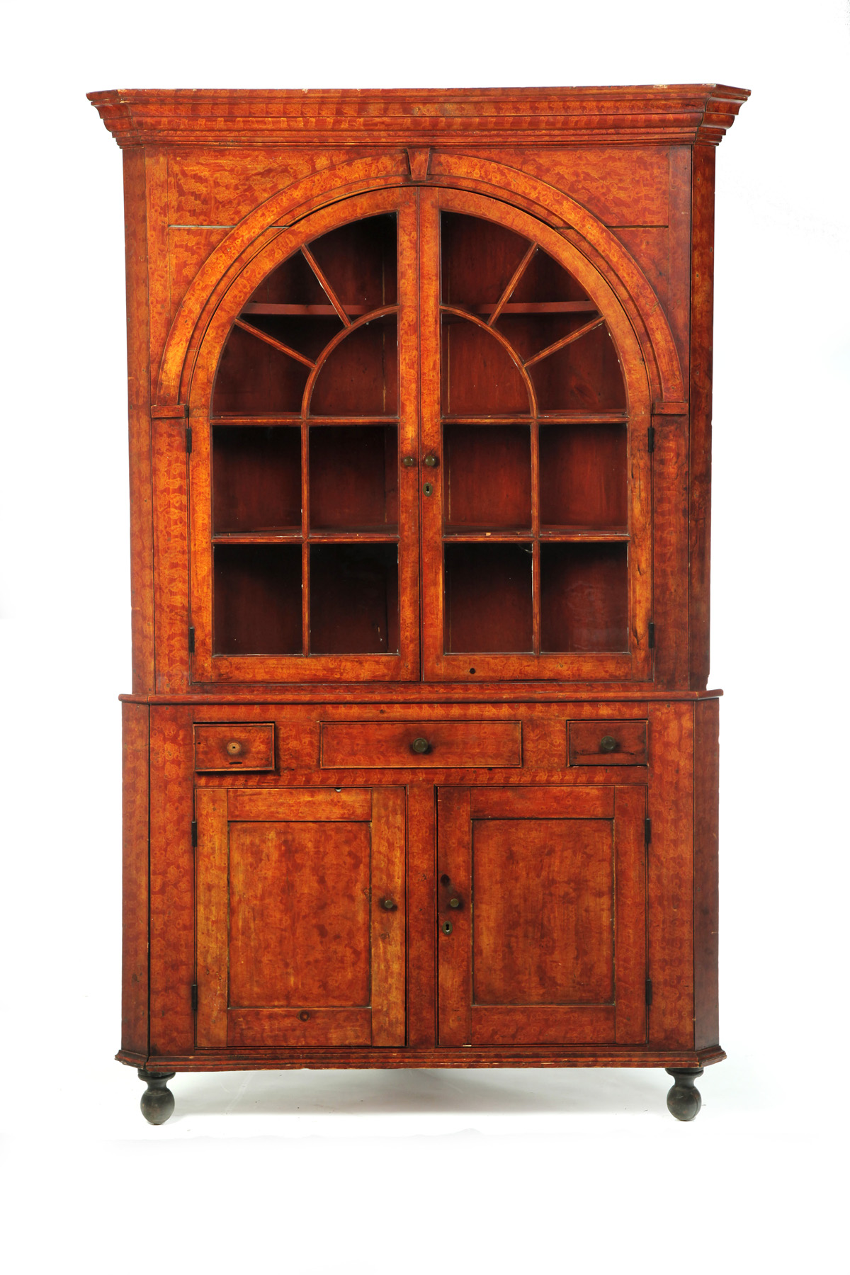 Appraisal: PENNSYLVANIA DECORATED CORNER CUPBOARD - poplar Two piece dovetailed cases