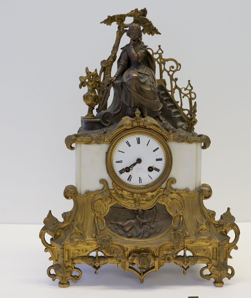 Appraisal: Antique Bronze And Marble Figural Clock Faintly signed on face