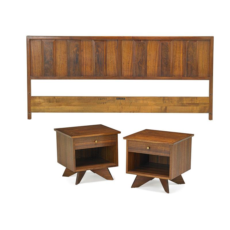 Appraisal: NAKASHIMA WIDDICOMB Headboard pr nightstands Condition Report Light scuffs and