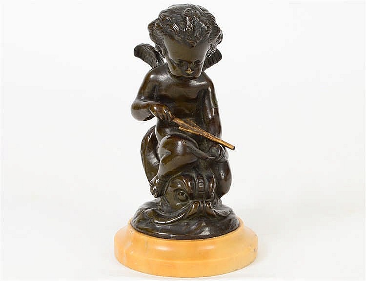 Appraisal: NEO-CLASSICAL PATINATED BRONZE OF CUPID ATOP A DOLPHINLate th Century