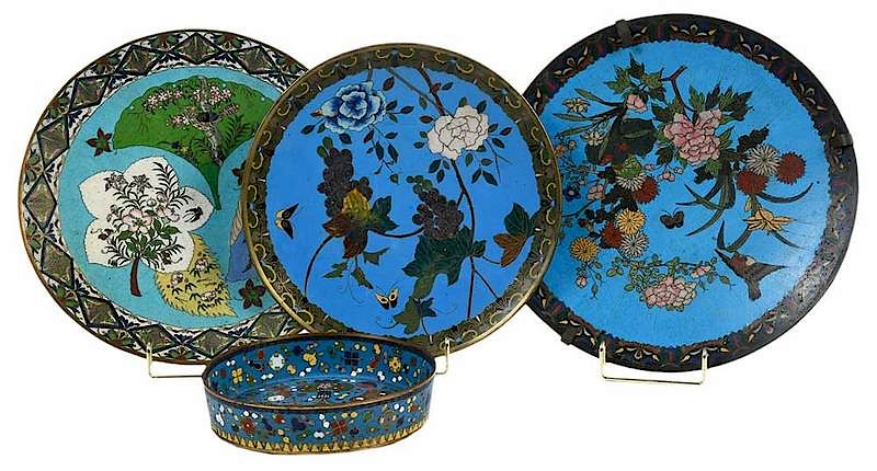 Appraisal: Four Chinese Cloisonne Dishes Qing dynasty floral bird and butterfly