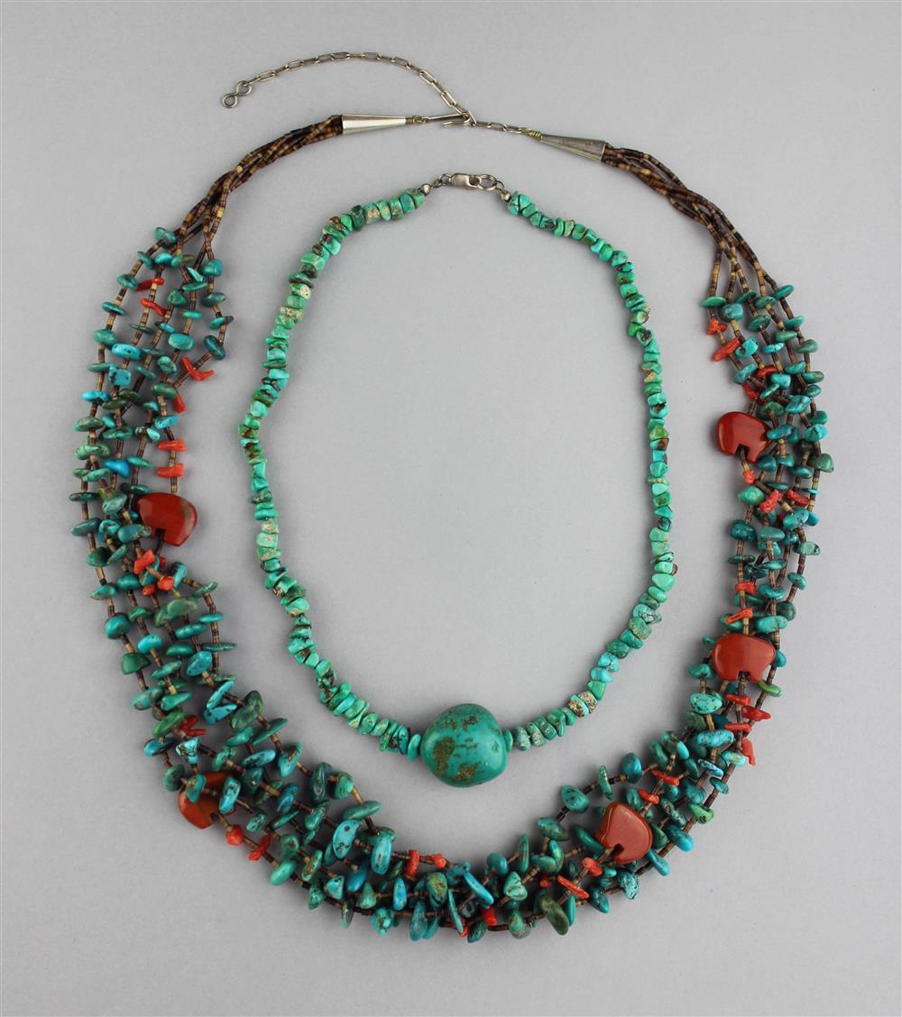 Appraisal: TWO TURQUOISE AND CORAL NECKLACES the single strand turquoise necklace