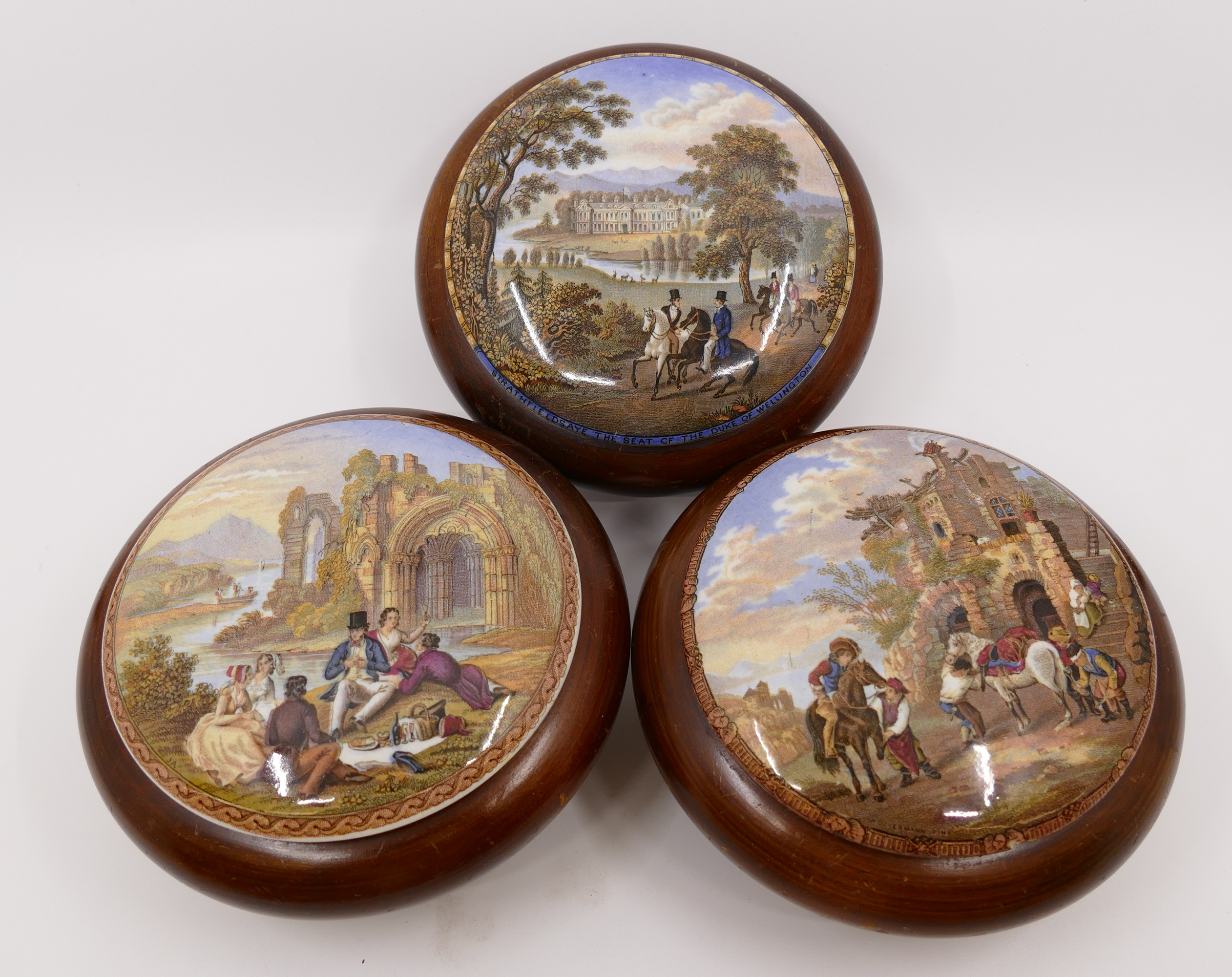 Appraisal: pc Antique Prattware Lid Wooden Trinket Boxes English village and