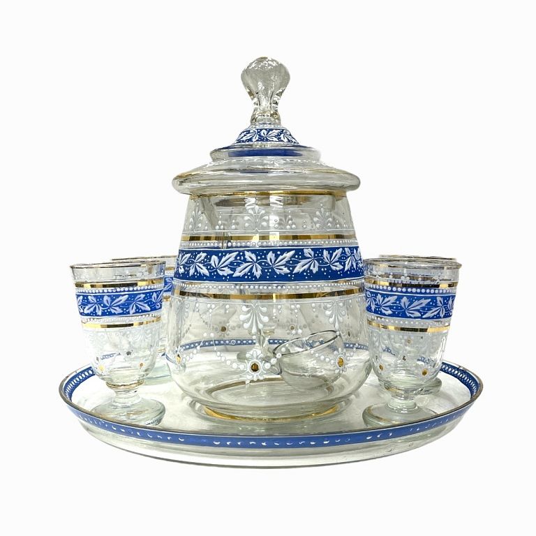 Appraisal: Decorated Glass Punch Set With punch bowl ladle tray and