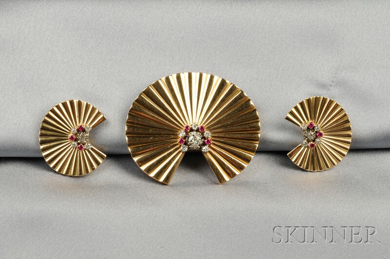 Appraisal: kt Gold Synthetic Ruby and Diamond Pendant Brooch and Earclips