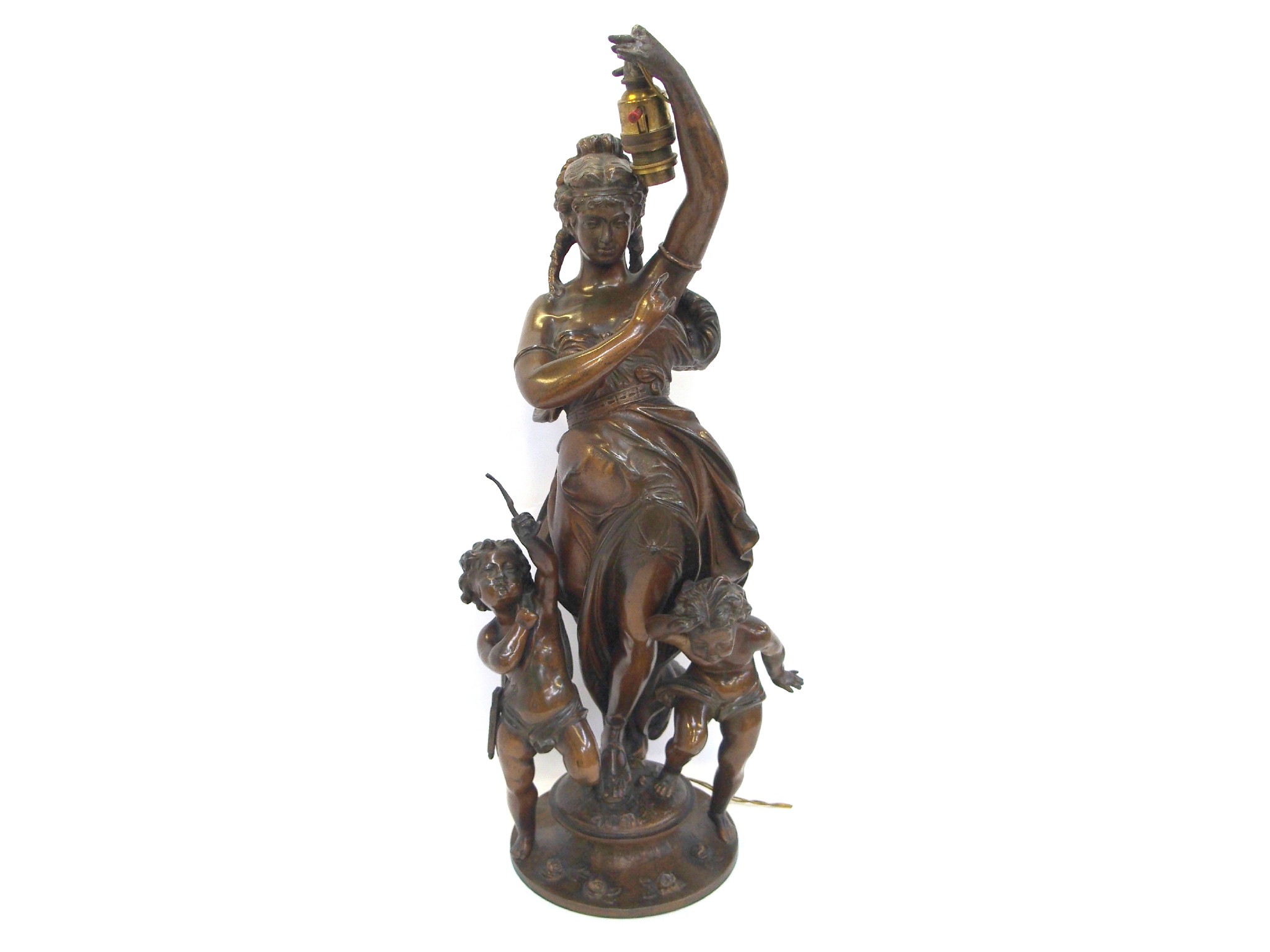 Appraisal: Bronzed spelter lamp depicting a maiden and cherubs