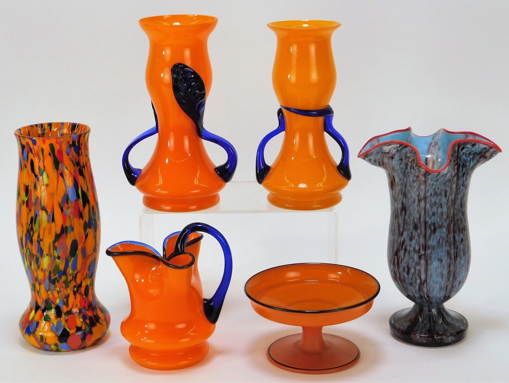 Appraisal: PC BLUE ORANGE BOHEMIAN CZECH ART GLASS VASES Bohemia Early