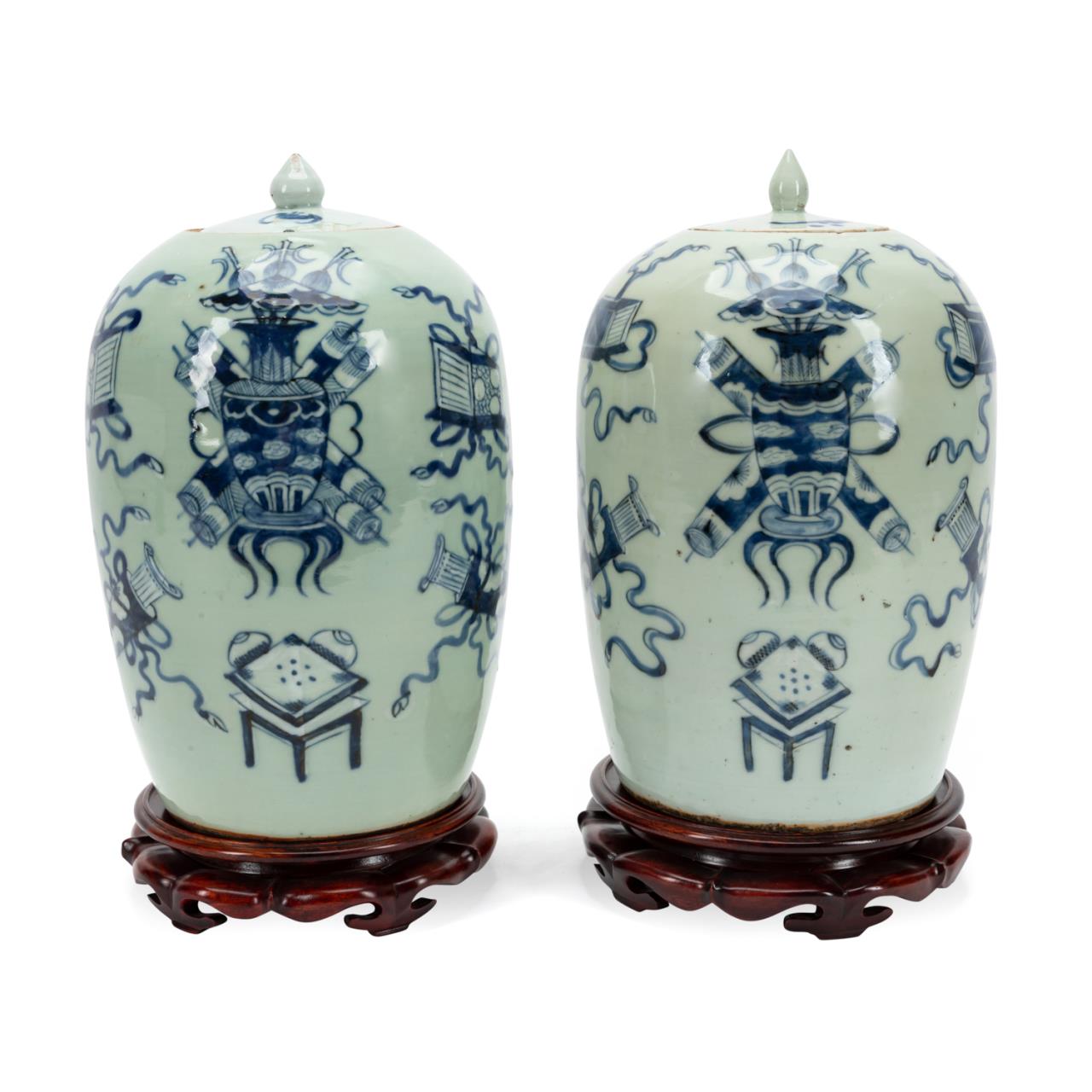 Appraisal: PR CHINESE BLUE WHITE ON CELADON JARS W STANDS Pair