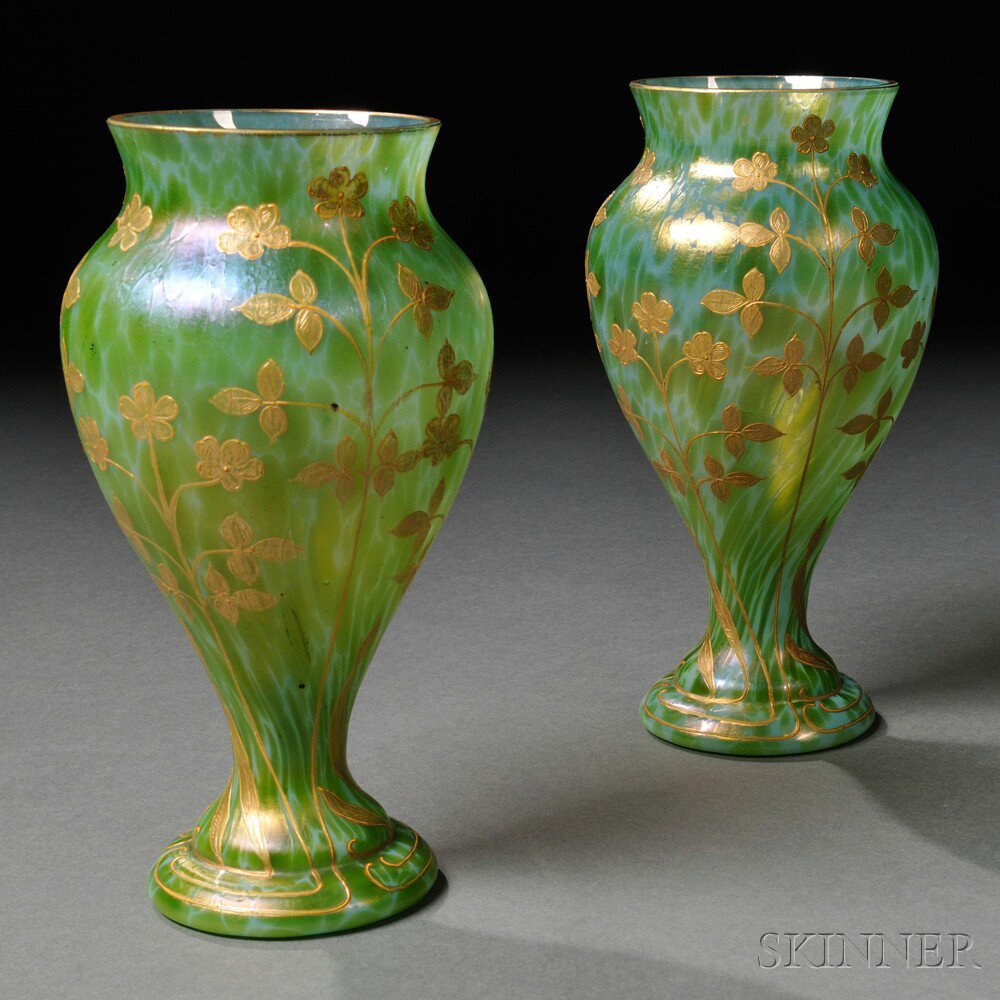 Appraisal: Pair of Loetz Diana Cisele Vases Art glass enamel Austria