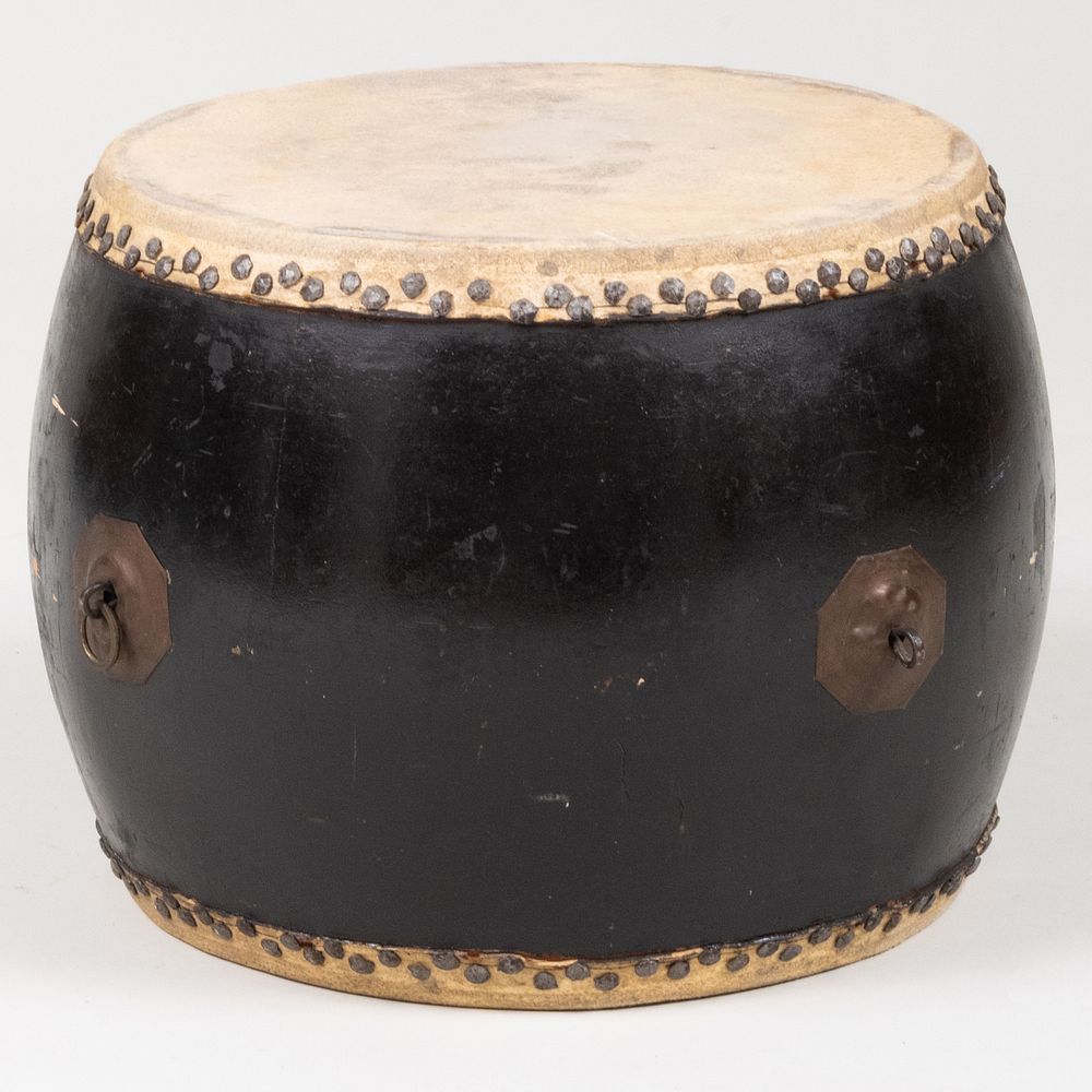 Appraisal: Asian Metal-Mounted Black Painted and Hide Drum in high in