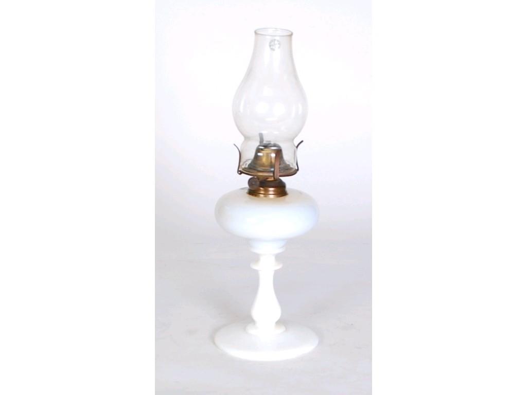 Appraisal: MILK GLASS OIL TABLE LAMP with clear glass chimney vase