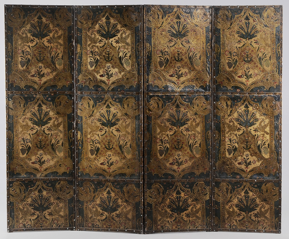 Appraisal: Baroque Style Polychromed and Tooled Leather Four-Panel Room Screen late