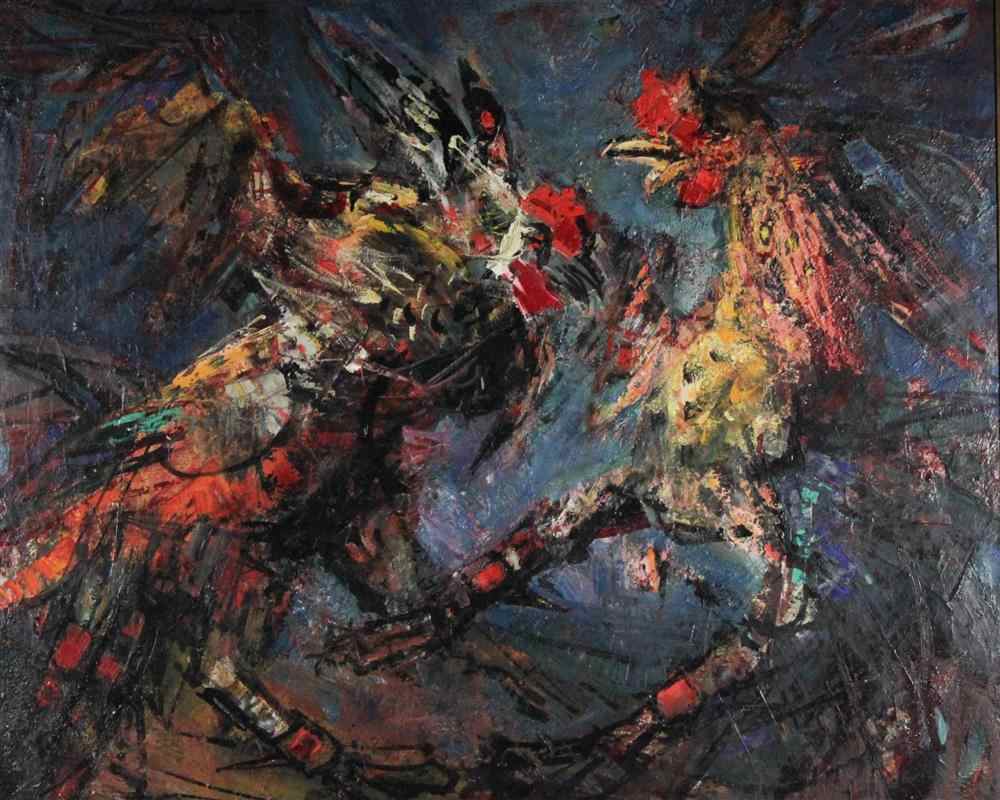 Appraisal: RODOLPHE CAILLAUX - FIGHTING COCKERALS Oil on canvas x in