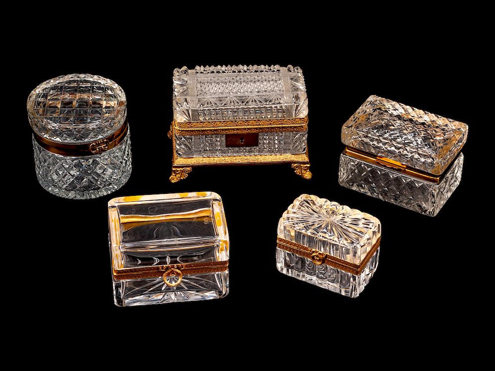 Appraisal: Five French Cut-Glass Boxes Five French Cut-Glass Boxes One circular