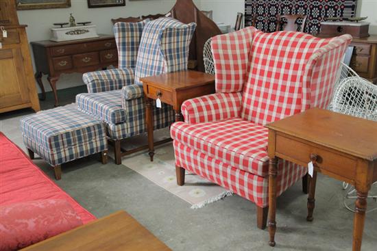 Appraisal: TWO WINGBACK CHAIRS OTTOMAN All with checkered upholstery one wingback