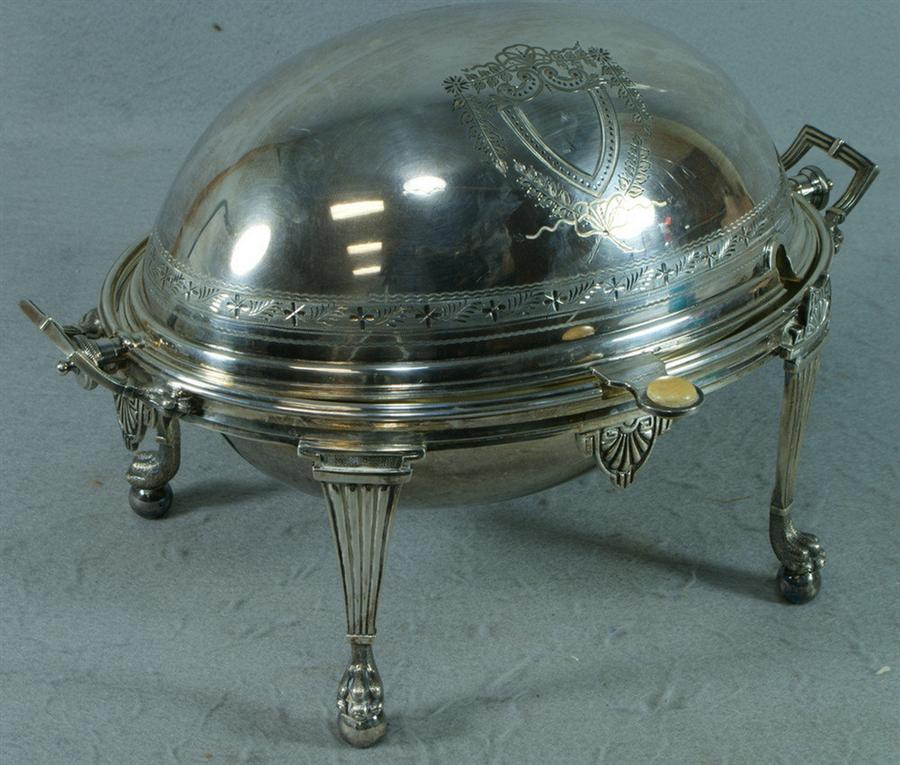 Appraisal: Plated silver serving dome with revolving lid engraved design with