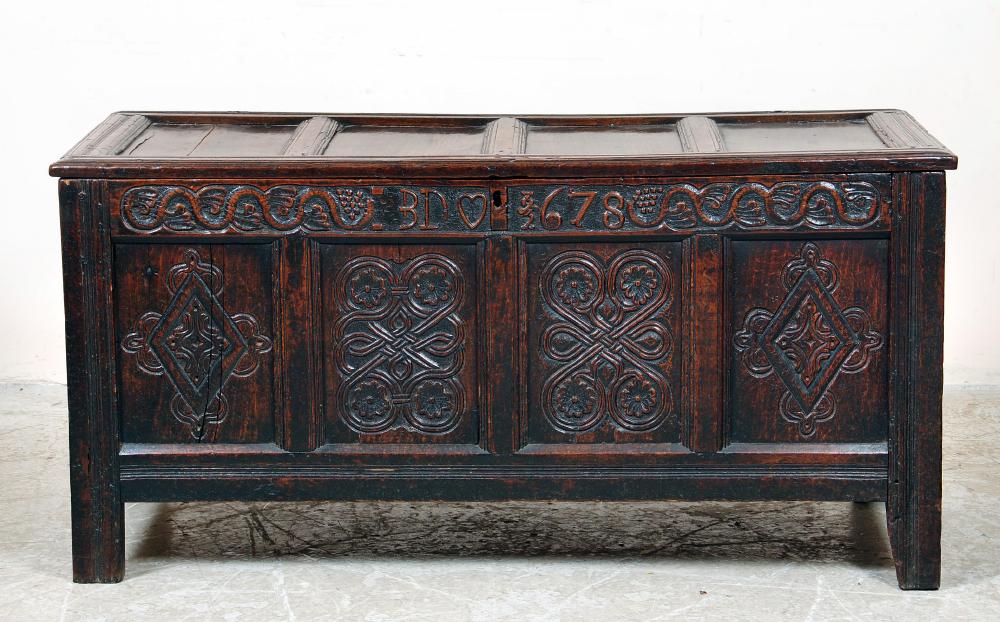 Appraisal: AN OAK PANELLED COFFER late th century the hinged lid