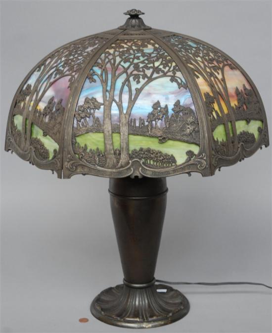 Appraisal: A MILLER LAMP CO SLAG GLASS LAMP Repetative forest scene