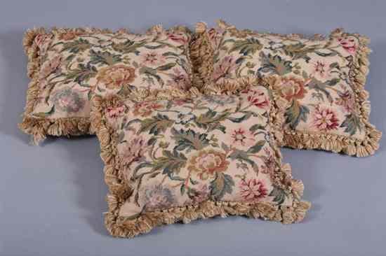 Appraisal: SET THREE FLORAL NEEDLEPOINT PILLOWS - in x in