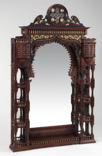 Appraisal: Moroccan inlaid mirror h Moroccan marquetry inlaid overmantel mirror executed