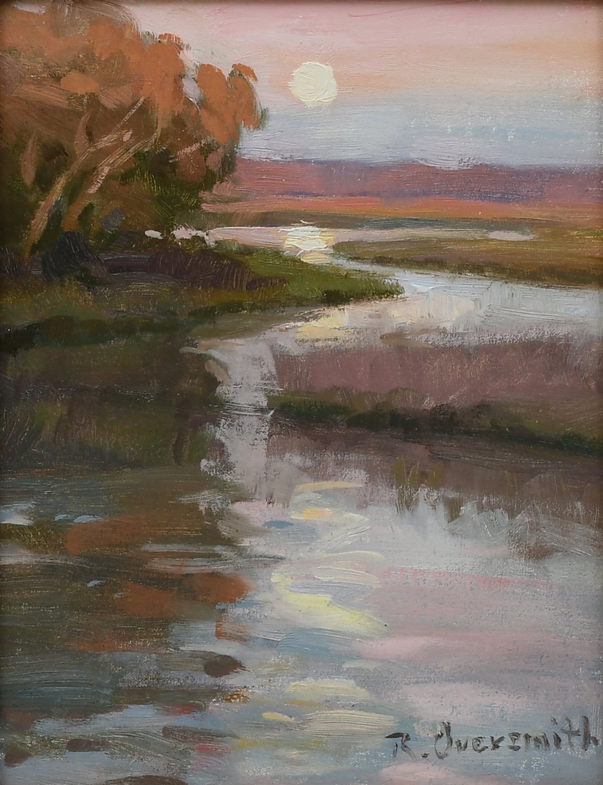 Appraisal: OVERSMITH Richard American Contemporary ''Moonlit Marsh'' Oil Linen Board ''