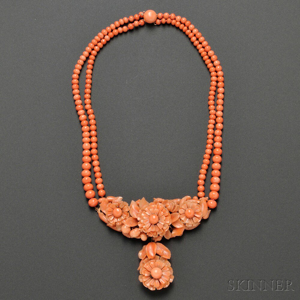 Appraisal: Carved and Beaded Coral Necklace composed of two strands of