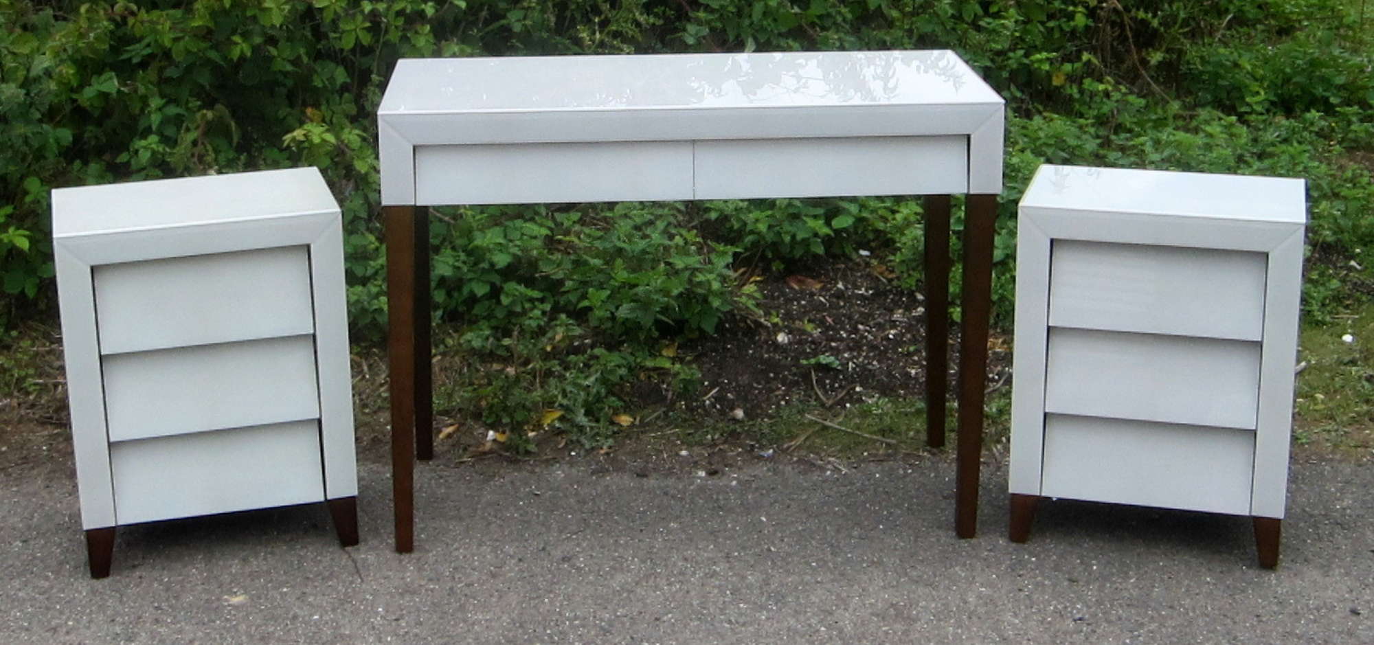 Appraisal: Glass and white shagreen designed dressing table and pair of