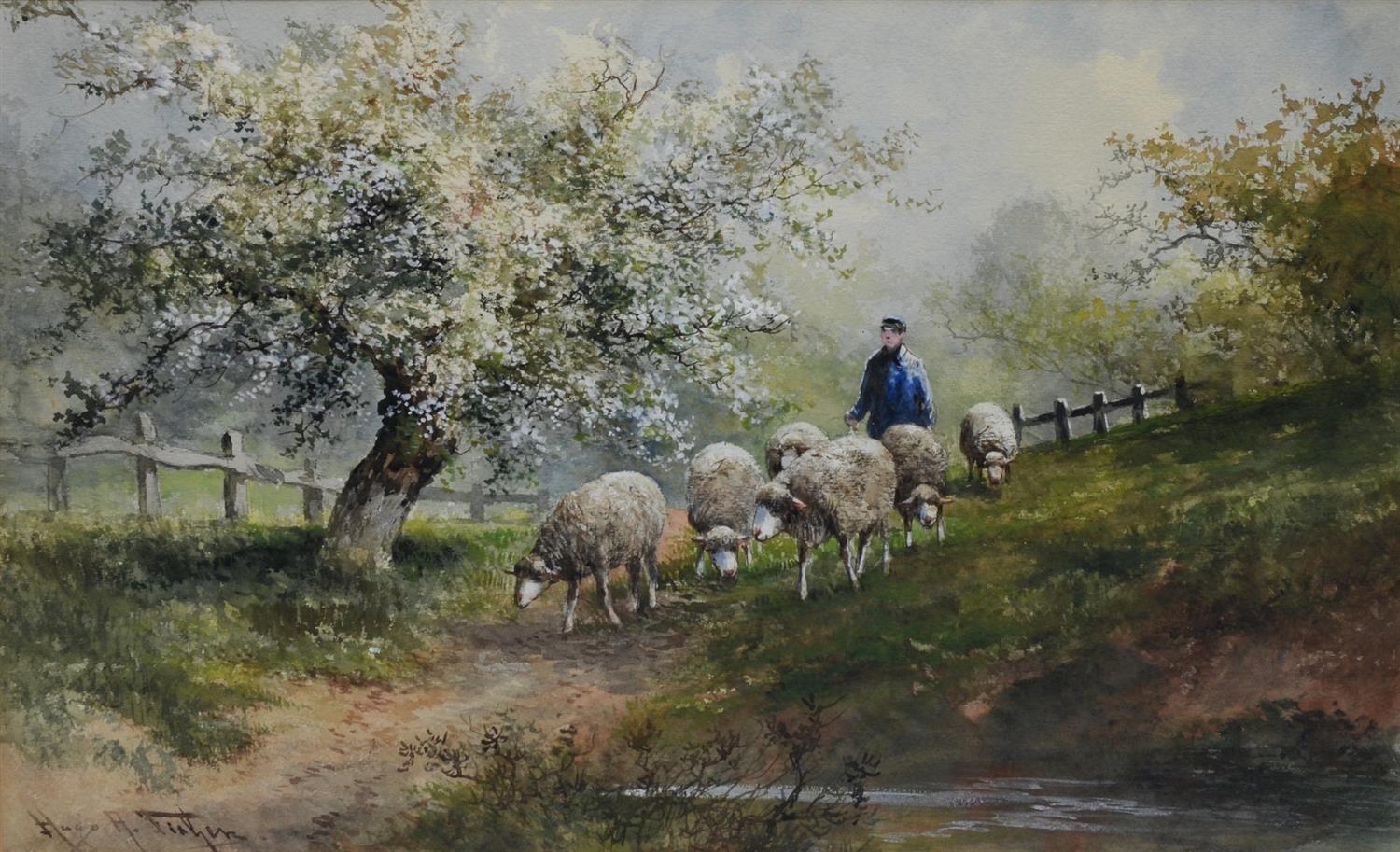 Appraisal: Hugo H Fisher Czech American - watercolor Shepard and Sheep