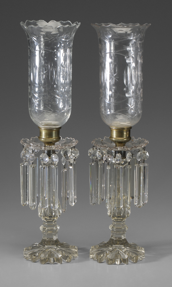 Appraisal: Pair Clear Glass Candlesticks With Shades British or Continental th