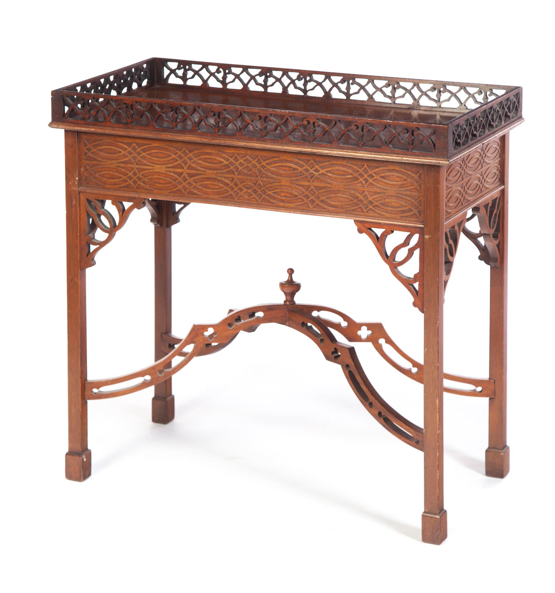 Appraisal: CHINESE CHIPPENDALE-STYLE LAMP TABLE Second half- th century Fretwork gallery