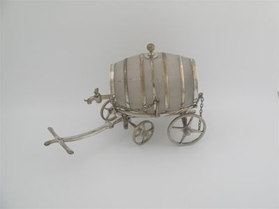 Appraisal: A plated-mounted frosted glass barrel on four wheeled trolley A