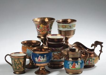 Appraisal: TEN STAFFORDSHIRE ENAMEL-DECORATED SPRIGGED AND TRANSFER-PRINTED COPPER LUSTRE WARES CIRCA