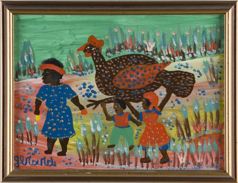 Appraisal: Haitian School th c Family with Rooster oil on masonite