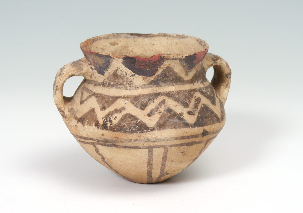 Appraisal: CHINESE NEOLITHIC HANDLED POT Double handled geometric designs Kansu Province