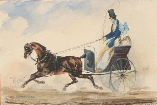 Appraisal: Nineteenth century French watercolor depicting a horse-drawn Stanhope gig driven