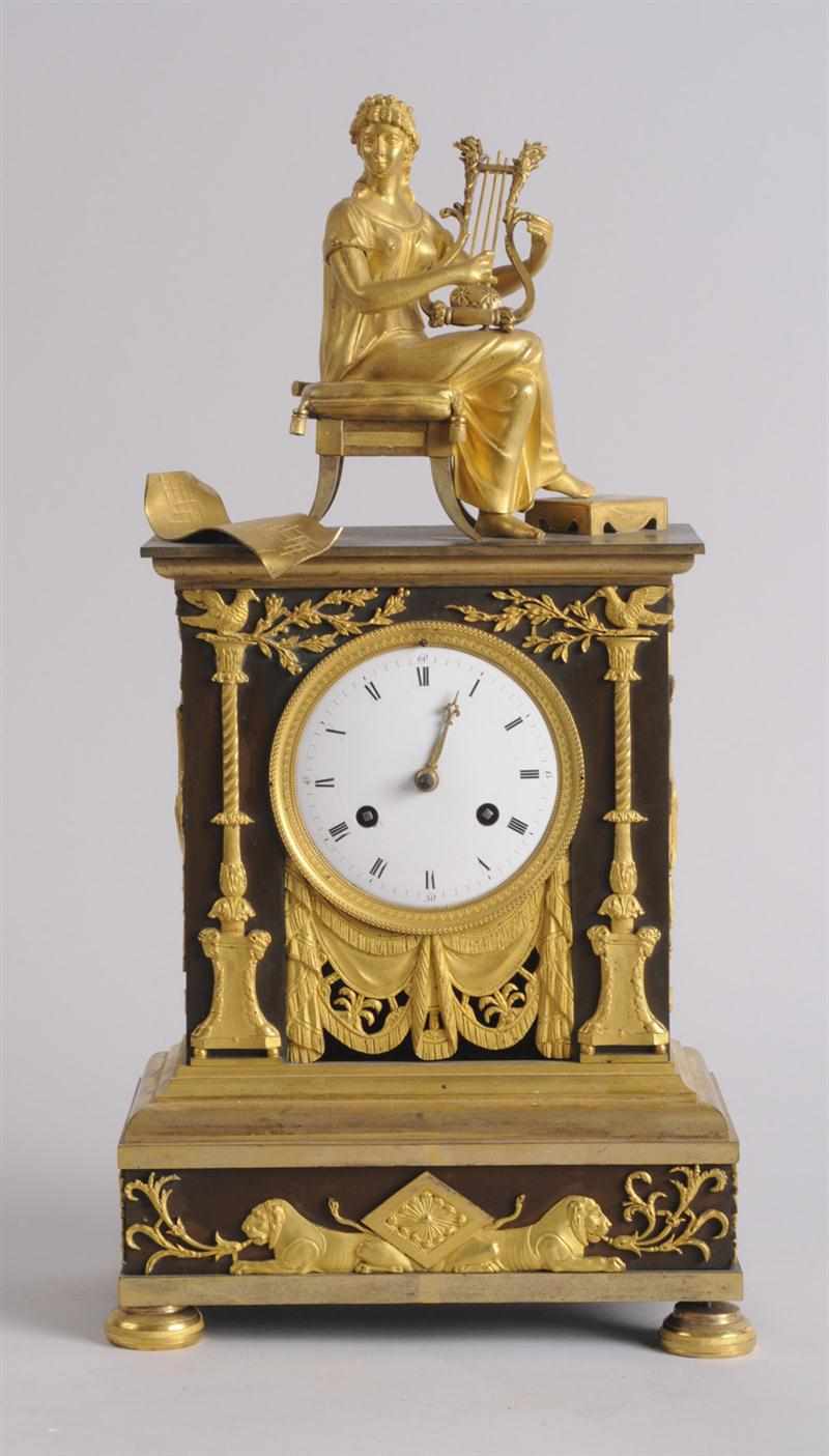 Appraisal: EMPIRE PATINATED AND GILT-BRONZE MANTEL CLOCK The enamel dial within