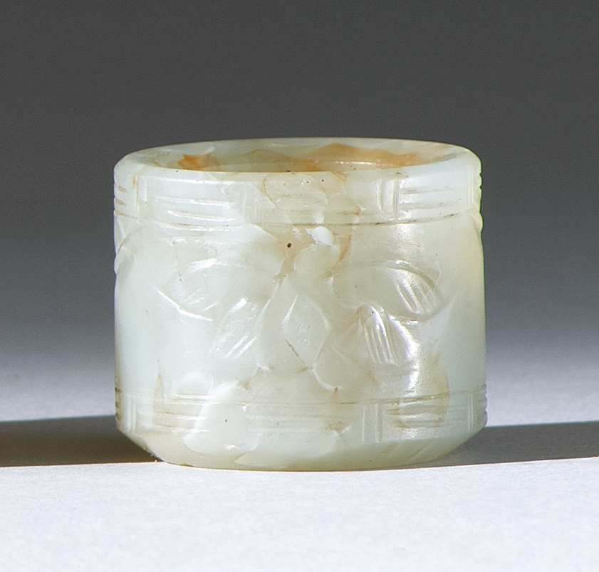 Appraisal: GRAY WHITE JADE ARCHER'S RING th CenturyWith incised bird and