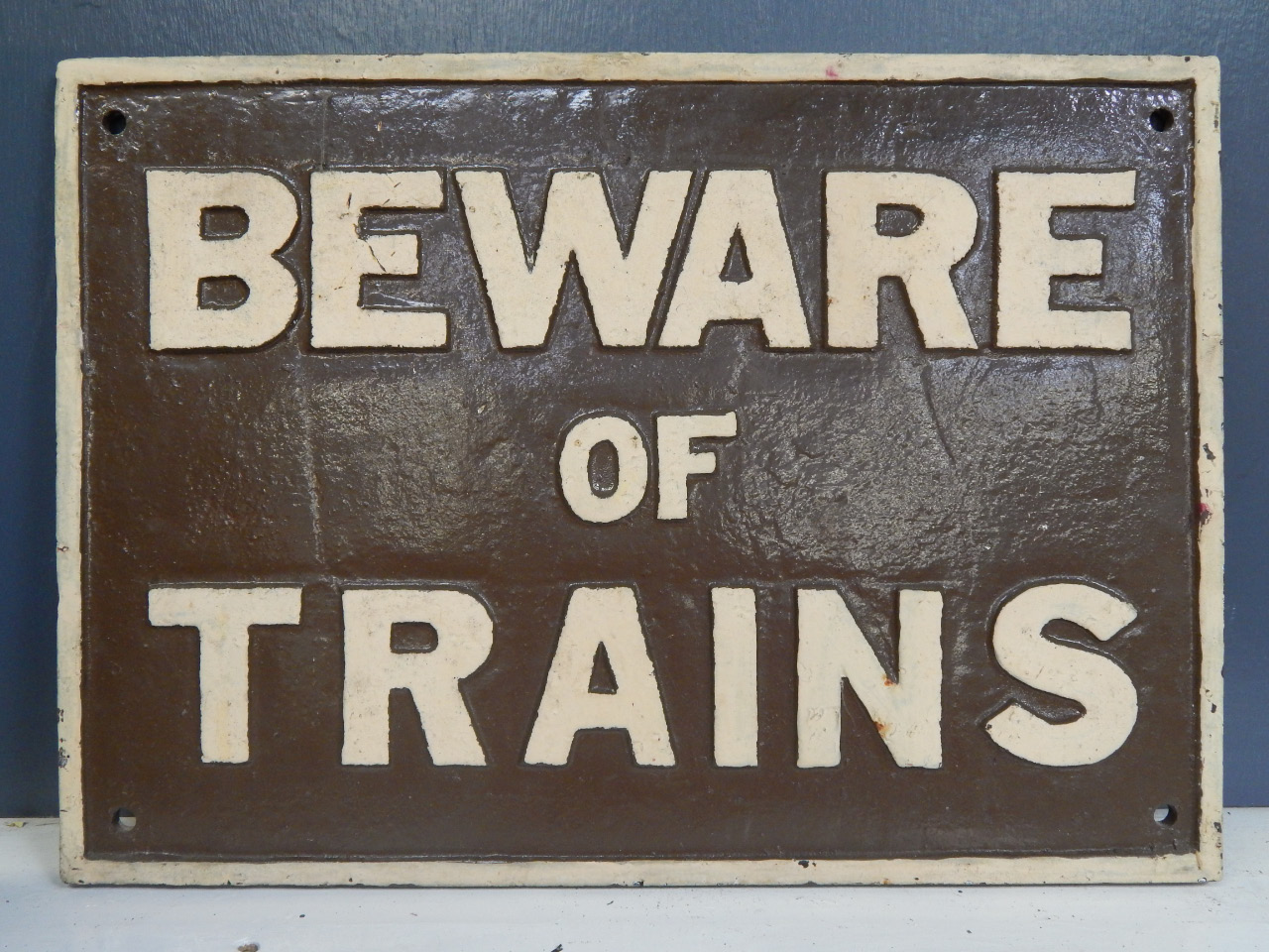 Appraisal: A British Rail cast iron Beware of Trains sign cm