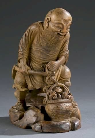 Appraisal: Chinese bamboo figure of Lingzhi gatherer A Chinese bamboo figure